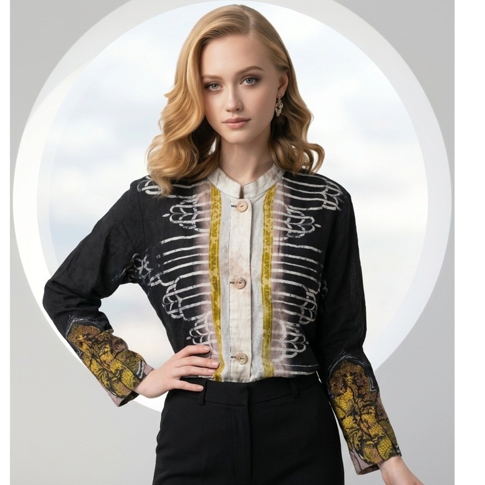 Citron Santa Monica XL Vintage 90s Ramie Button Up Blouse‎ Black Gold Asian Art